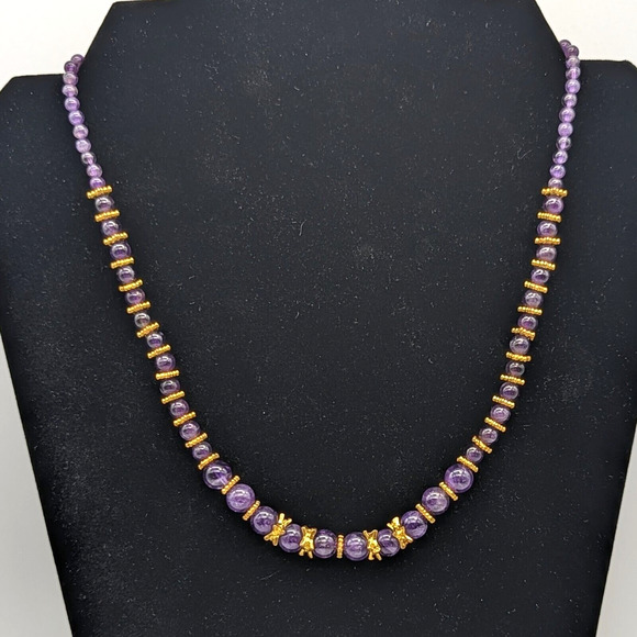 Stauer Genuine Amethyst Beaded Necklace Graduated with Gold Plated Spacers - Picture 3 of 12